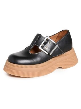 Ganni Mary Jane Creepers T-Strap Platform Loafers Black Leather Size 41 US 11